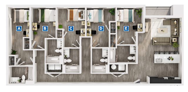 Modern 2D floor plan showcasing 5 bedrooms, open-concept living area, and sleek kitchen design with island seating.