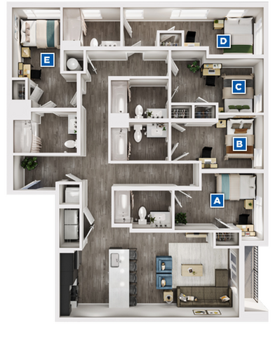 Modern 3D floor plan illustrating a 5-bedroom apartment with a spacious living area, stylish kitchen, and multiple bathrooms, ideal for large families.