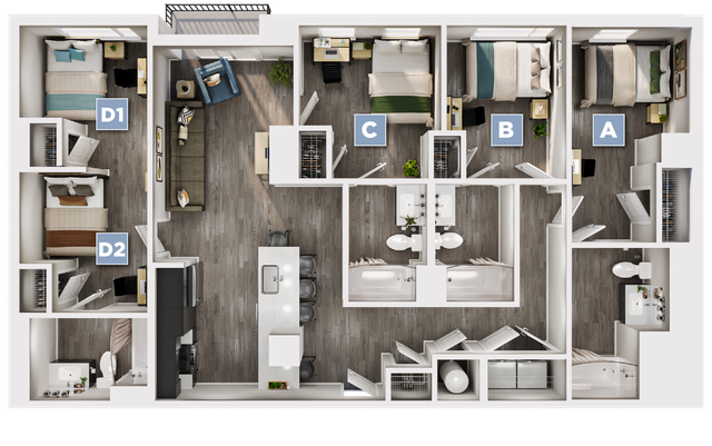 Modern apartment floor plan showcasing four stylish bedrooms, open-concept kitchen with island seating, spacious living area, and two elegant bathrooms, maximizing comfort and functionality.