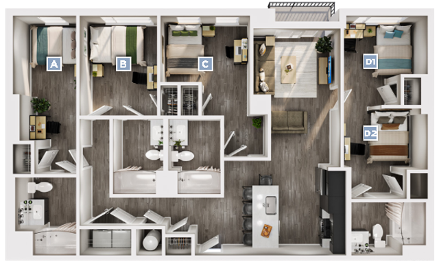 Modern floor plan featuring 4 bedrooms, stylish open-concept kitchen, spacious living room, and multiple bathrooms for comfortable living.