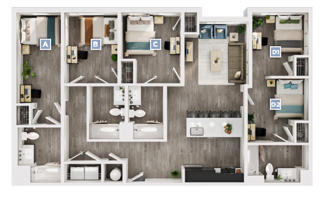 Elegant 2D floor plan showcasing 4 bedrooms, modern open-concept living area, sleek kitchen with island, and two stylish bathrooms.