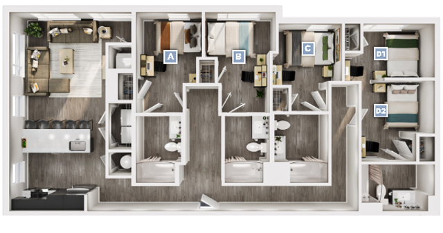 Contemporary floor plan showcasing four stylish bedrooms, an open-concept kitchen, and a cozy living area with natural light.