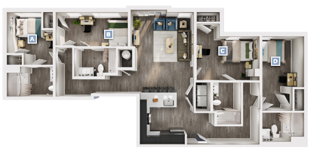 Modern 3D floor plan highlighting 4 elegant bedrooms, a sleek open-concept kitchen, and a cozy living area in a spacious layout.