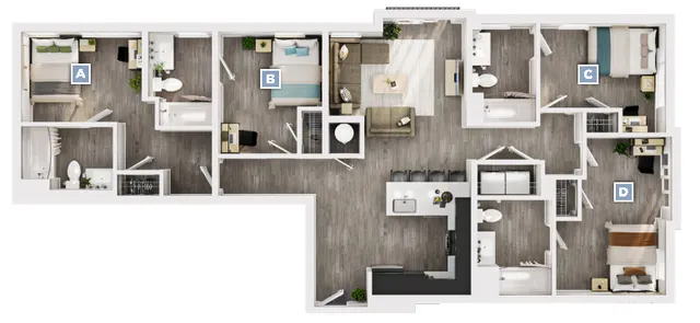 Contemporary 3D floor plan showcasing 4 bedrooms, a stylish open living area, modern kitchen, and two elegant bathrooms.