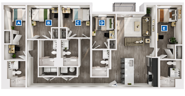 Modern floor plan showcasing 5 bedrooms, elegant living area, and a streamlined kitchen. Ideal for a spacious urban lifestyle.