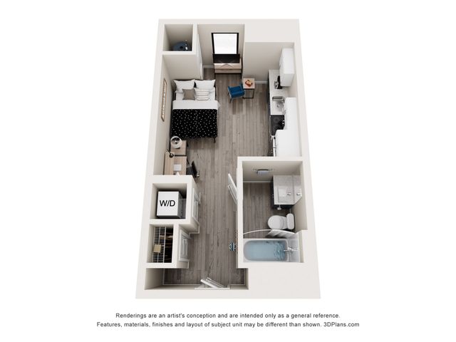 Contemporary 3D floor plan of a cozy studio apartment featuring a bedroom area, sleek kitchen, and modern bathroom with washer/dryer.