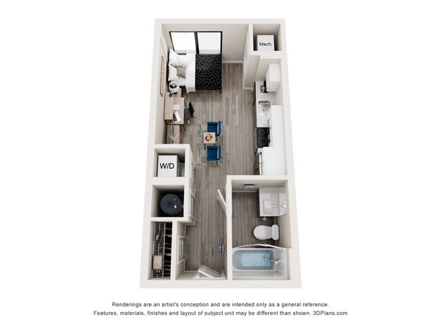Chic studio apartment floor plan featuring a cozy bedroom, modern kitchen, stylish living area, and a luxurious bathroom.