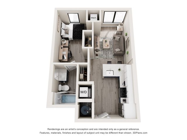 Modern 1-bedroom apartment floor plan with open kitchen-living space, stylish bathroom, and convenient laundry area.