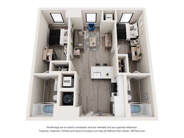 Modern 3D floor plan featuring two cozy bedrooms, stylish open-concept living area, and a sleek kitchen with island.