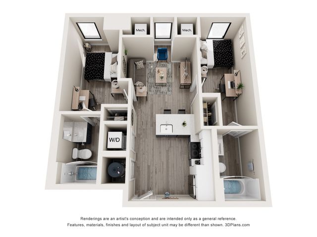 Contemporary 3D floor plan showcasing 2 bedrooms, a sleek kitchen with island, cozy living area, and modern bathrooms, perfect for stylish urban living.