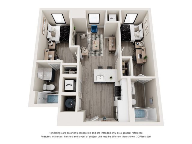Chic 3D floor plan showcasing 2 bedrooms, a modern kitchen with island, cozy living area, and convenient in-unit washer and dryer.