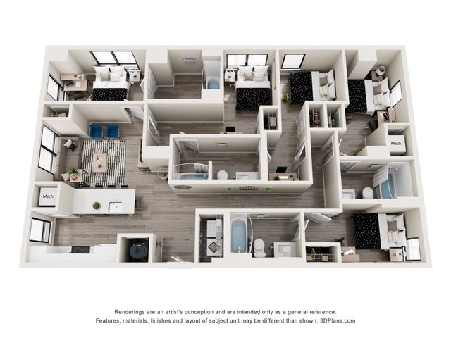 Modern 3D floor plan showcasing 3 bedrooms, a spacious open-concept living and dining area, elegant kitchen, and two bathrooms.