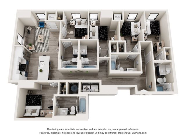 Modern 3-bedroom apartment floor plan showcasing an open kitchen, elegant living area, and three stylish bathrooms.