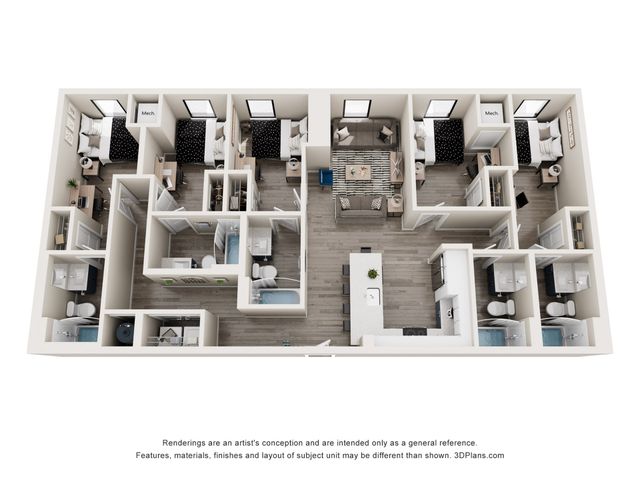 Modern 3D floor plan showcasing a spacious apartment with three bedrooms, an inviting living room, and a sleek kitchen island.