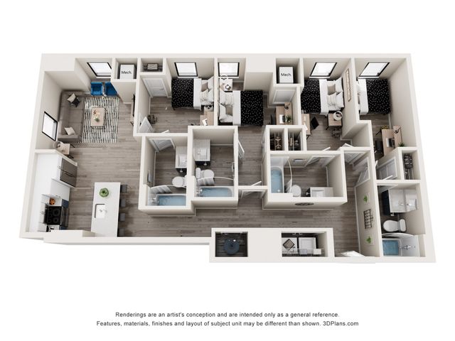 Spacious 3D floor plan showcasing three modern bedrooms, an inviting open living area, and a sleek kitchen with an island for dining.