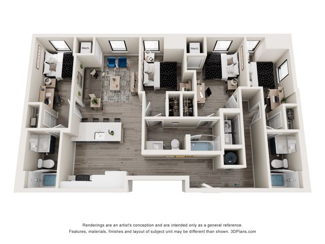 Modern 3D floor plan featuring 3 bedrooms, open living area, and sleek kitchen design, perfect for contemporary living.
