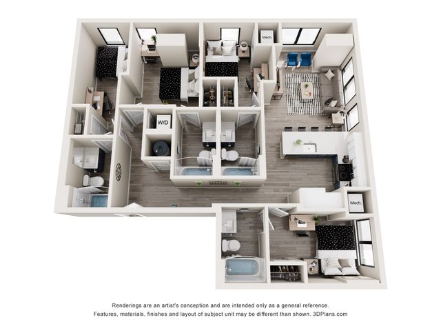 Exceptional 3D floor plan showcasing a chic 3-bedroom apartment, featuring a modern open-concept living room, gourmet kitchen with island seating, and two stylish bathrooms.