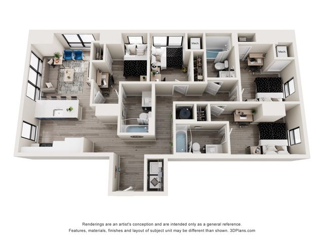 Modern 3D floor plan showcasing 3 bedrooms, open-concept living room, and sleek kitchen design with abundant natural light.