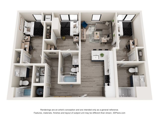 Contemporary 3D floor plan featuring 2 cozy bedrooms, open living and dining area, a sleek kitchen, and modern bathrooms.