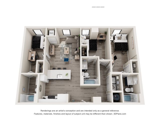 Chic 3D floor plan of a modern apartment featuring 2 cozy bedrooms, 2 sleek bathrooms, and a stylish open-concept kitchen and living area.