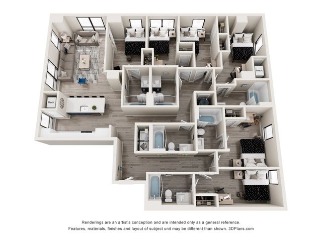 Modern 3D floor plan showcasing 3 bedrooms, spacious living room, and open kitchen design with elegant furnishings.