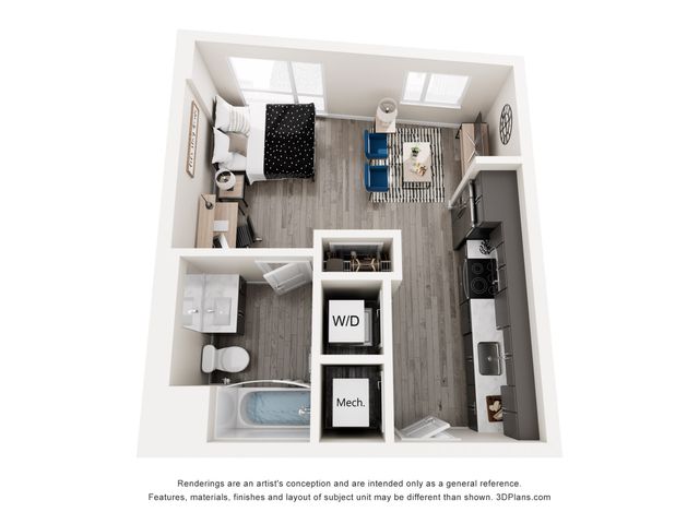 Modern 3D floor plan showcasing a cozy one-bedroom apartment with an open living area, sleek kitchen, and a bathroom, featuring contemporary design.
