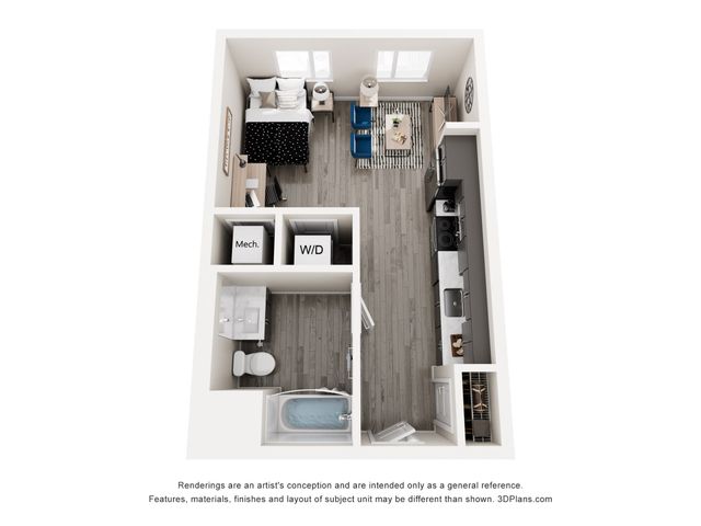 Chic 3D floor plan showcasing a cozy one-bedroom apartment with open-concept living area, modern kitchen, and convenient washer-dryer unit.
