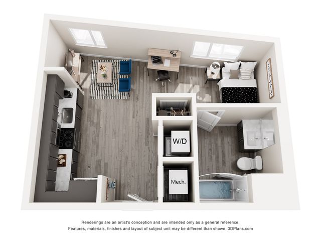 Modern studio apartment layout with cozy bedroom, efficient kitchen, stylish workspace, and elegant bathroom.
