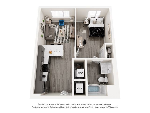 Modern one-bedroom apartment floor plan with stylish open-concept living area, sleek kitchen, cozy bedroom, and convenient in-unit washer and dryer.