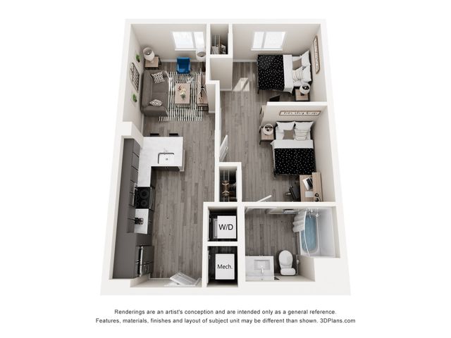 Modern 3D floor plan showcasing 2 cozy bedrooms, a sleek kitchen, inviting living area, and spacious bathroom. Includes in-unit washer/dryer for convenience.