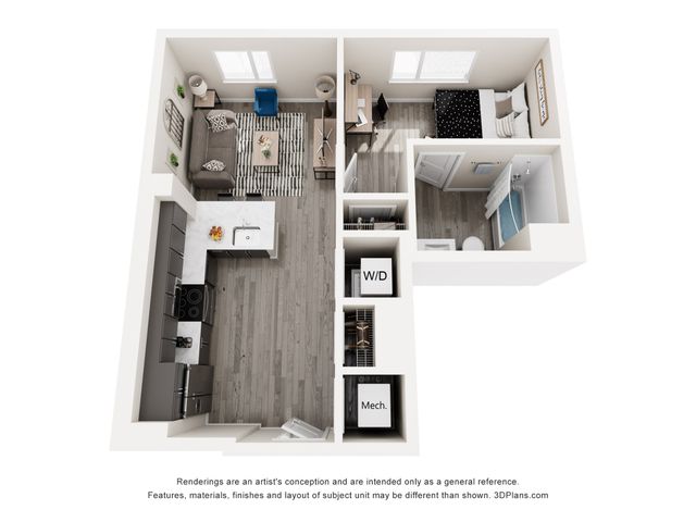 Modern 1-bedroom apartment floor plan featuring an open kitchen with island, cozy living room, and elegant bathroom.