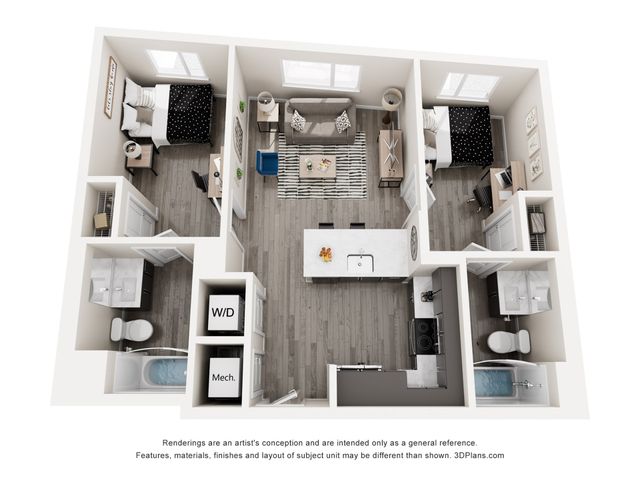 Modern 3D floor plan showcasing 2 bedrooms, open kitchen with island, cozy living area, and two contemporary bathrooms.