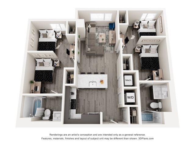 Contemporary 3D floor plan showcasing two bedrooms, open-plan living area, modern kitchen, and two bathrooms with stylish finishes.