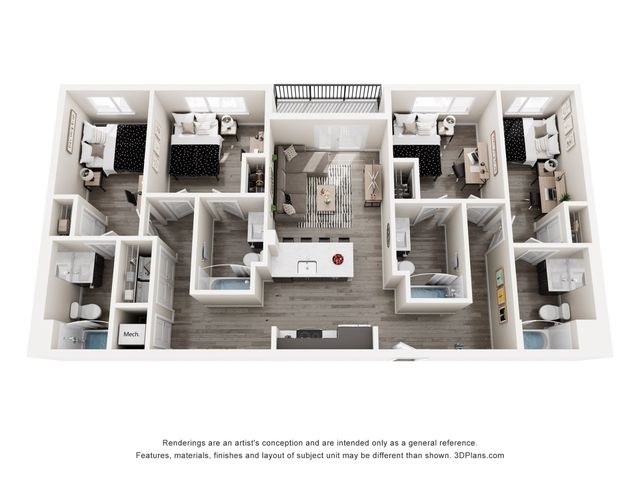Modern 3D floor plan showcasing 3 bedrooms, cozy living area, open dining space, and contemporary kitchen design.