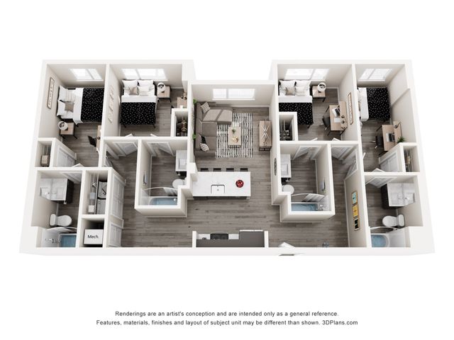 Chic 3D floor plan showcasing three spacious bedrooms, a modern open-concept living and dining area, and a sleek kitchen design.
