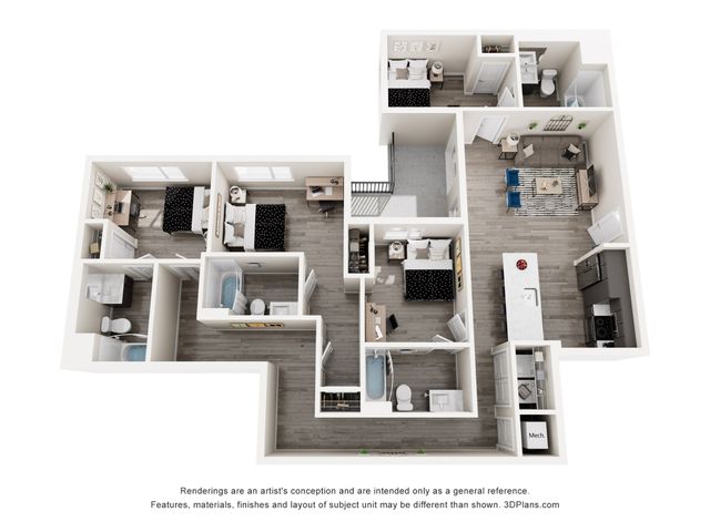 Modern 3D floor plan showcasing 3 bedrooms, open-concept living and dining area, and sleek kitchen with island seating.