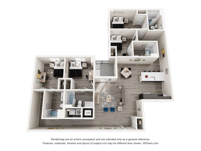 Modern 3D floor plan showcasing 3 bedrooms, sleek kitchen with island, stylish open-plan living area, and two elegant bathrooms.