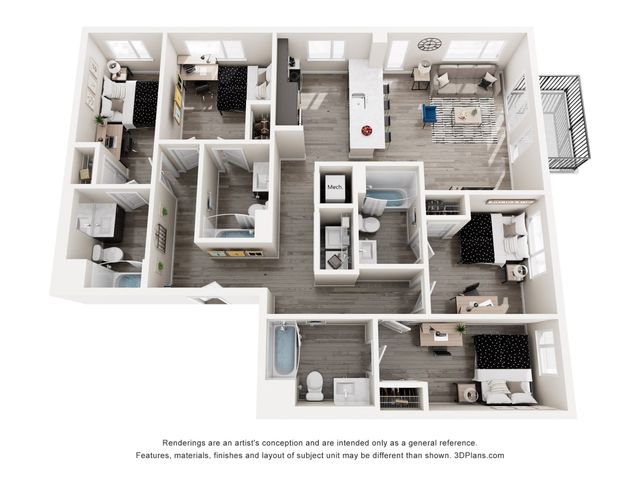 Modern 3D apartment floor plan showcasing 4 spacious bedrooms, elegant open kitchen, cozy living room, and private balcony.