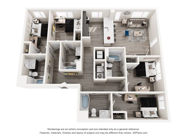 Elegant 3D floor plan showcasing four bedrooms, modern open-concept living area, sleek kitchen, and two stylish bathrooms, perfect for contemporary living.