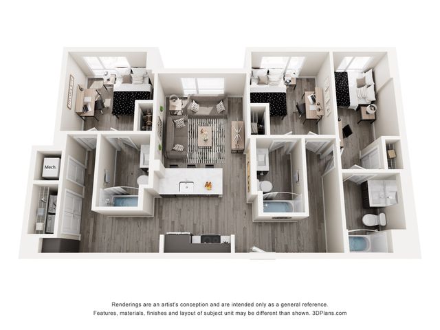 Modern 2D floor plan featuring 3 bedrooms, 2 bathrooms, an open living space, and a contemporary kitchen, perfect for stylish urban living.