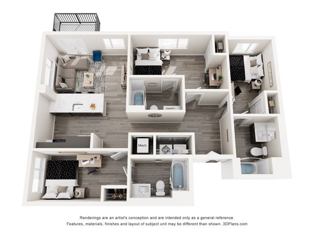 Modern 3D floor plan featuring 3 spacious bedrooms, open living area, sleek kitchen, and private balcony.