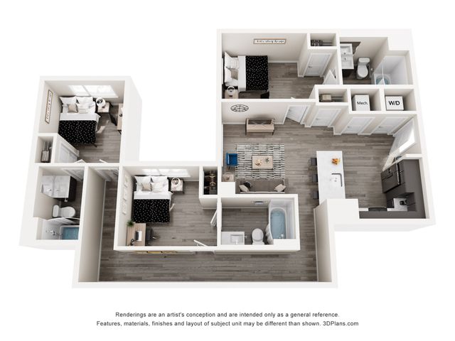 Modern 3D floor plan showcasing a stylish apartment with three cozy bedrooms, an open living area, sleek kitchen, and two elegant bathrooms.