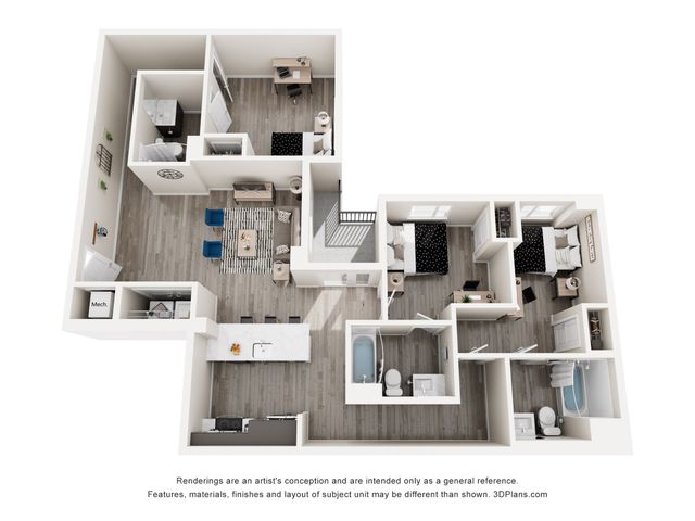 Elegant 3D floor plan featuring spacious 3 bedrooms with modern decor, open living area, stylish kitchen, and two well-appointed bathrooms.