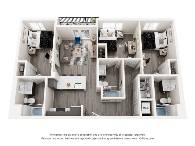 Modern 3D floor plan showcasing a stylish apartment with three cozy bedrooms, an open-concept living and dining area, and a sleek kitchen with a breakfast bar. Includes two pristine bathrooms and a balcony for outdoor relaxation.