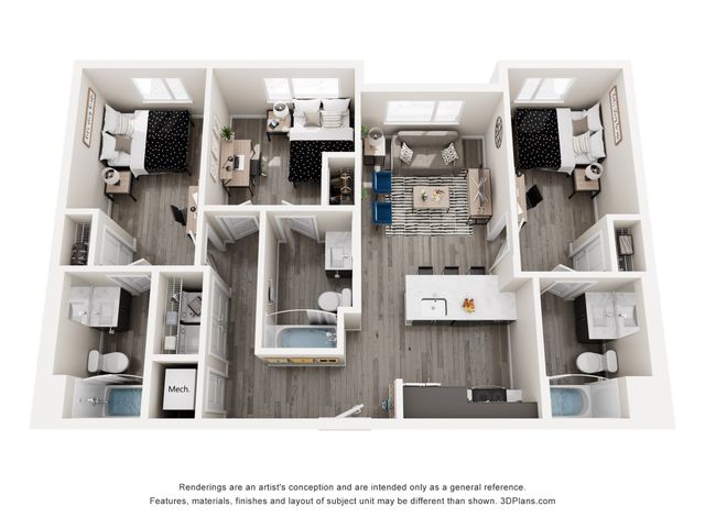 Modern 3D floor plan of a chic apartment featuring three cozy bedrooms, two bathrooms, and an open-concept living space with a stylish kitchen and dining area.