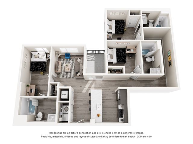 Modern 3D floor plan showcasing two bedrooms, a stylish open-concept living and dining area, and a sleek kitchen with an island. Includes two bathrooms, a cozy office nook, and a spacious balcony for comfortable living.