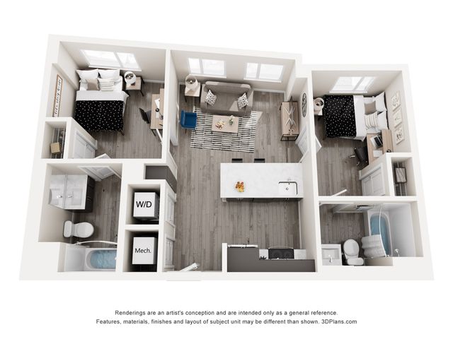 Modern 3D floor plan showcasing two cozy bedrooms, an inviting open-concept living and kitchen area, equipped with contemporary amenities, and two elegant bathrooms.