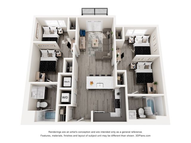 Modern 3D floor plan featuring two double occupancy bedrooms, open-concept living space, and stylish kitchen with central island.