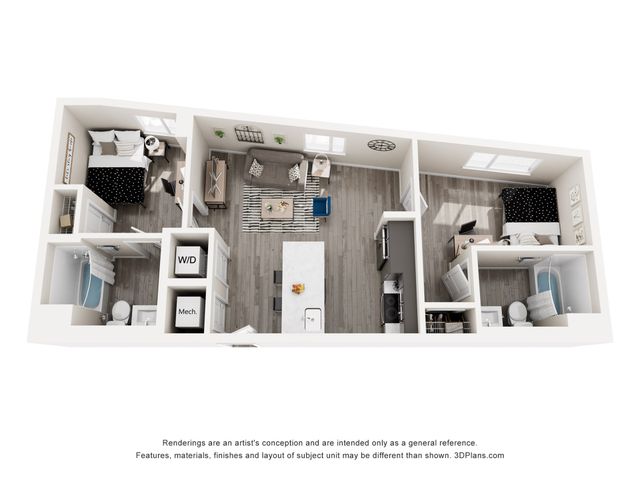 Modern 3D floor plan showcasing two cozy bedrooms, a stylish open kitchen, and a comfortable living area with chic decor.