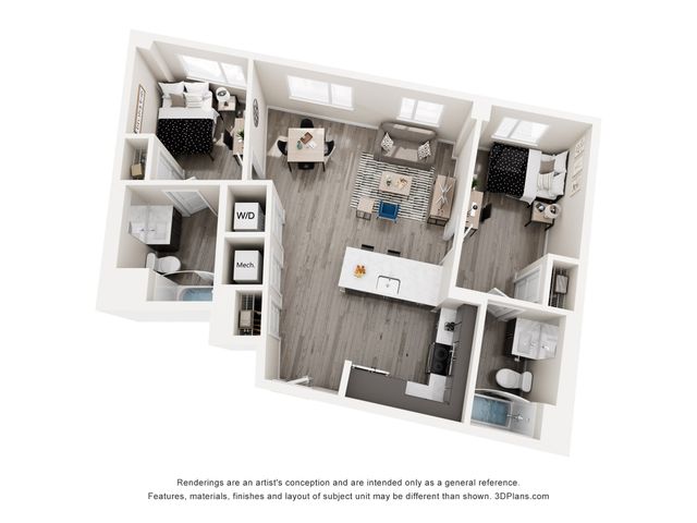 Chic 3D floor plan showcasing 2 cozy bedrooms, modern kitchen with island, inviting living area, and two elegant bathrooms, perfect for contemporary living.
